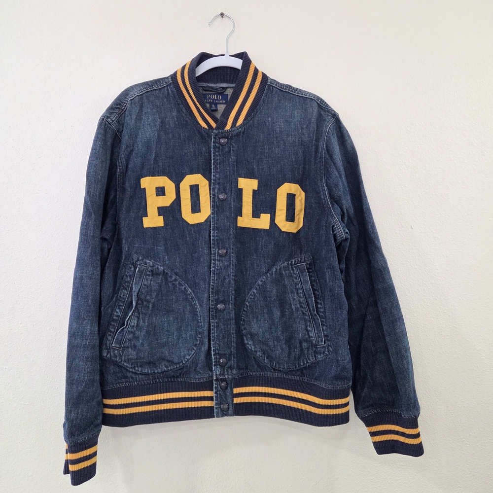 Polo by Ralph Lauren Denim Varsity Jacket with Yellow Accents - Picture 2 of 14